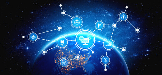 This image showcases a futuristic digital network over a globe, featuring technology icons and symbols, emphasizing innovation, connectivity, and modern communication concepts. Tessel