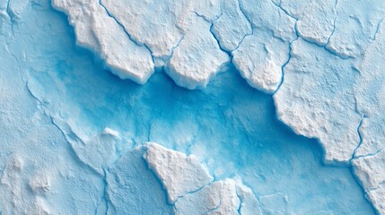Aerial view of a melting icy landscape with cracked white ice and blue water channels creating an abstract textured pattern.