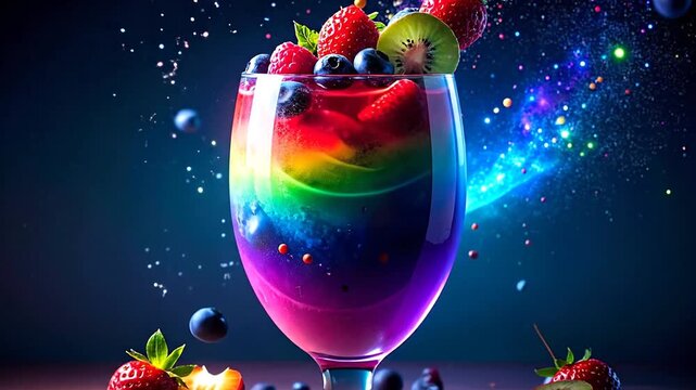A vibrant rainbow drink in a stemmed glass, garnished with fruit and set against a dark, starry scene