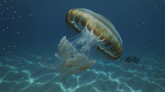 Brown sea nettle jellyfish swimming gracefully underwater near a sandy bottom with dappled sunlight, an oceanic invertebrate moving