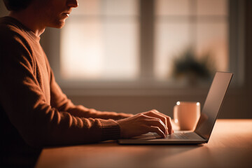 Focused man typing on laptop at wooden desk with warm light and coffee cup, creating calm and productive atmosphere in room