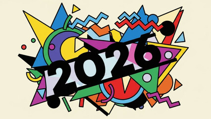 Fototapeta premium Vibrant 2026 abstract art with colorful geometric shapes and bold black numbers on cream background for modern designs