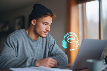 Young man wearing beanie working on laptop with 24 hour customer support icon glowing near window in cozy room