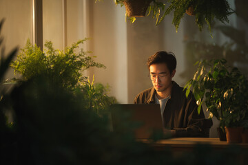 Young man working on laptop surrounded by green plants in warm indoor light creating calm and focused atmosphere