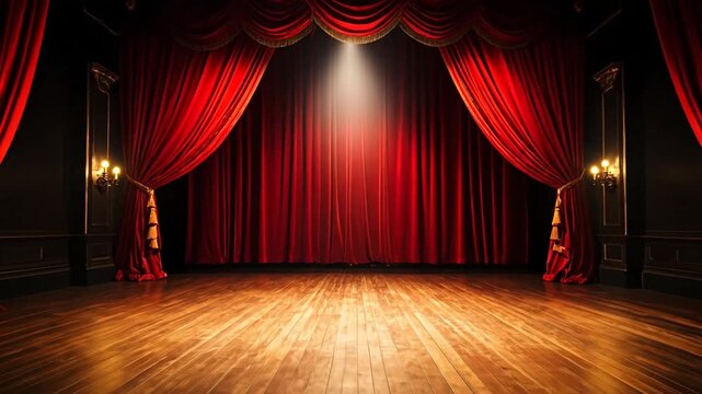 A classic stage, featuring red velvet curtains, a spotlight, dark walls, golden sconces and wood floors