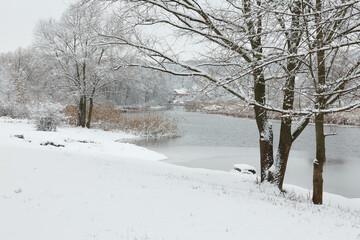 Peaceful winter landscape with snow covered riverbank, bare trees, calm water, and overcast sky creating a serene natural scene.