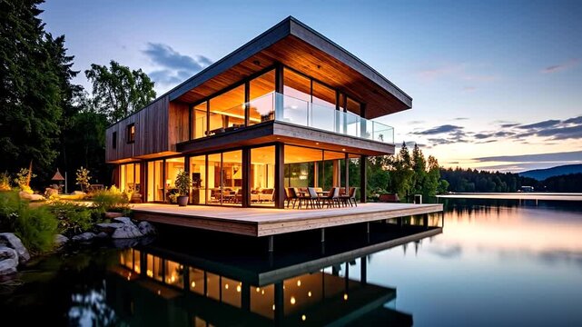 A modern, waterside residence with wooden facade, glass walls, and a deck at sunset