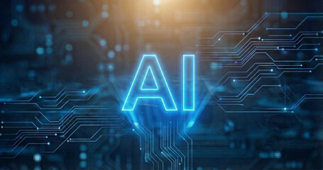 AI in blue glowing letters on the background of a circuit board.