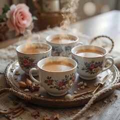 A set of vintage-style porcelain tea cups with saucers featuring a pink rose and green leaves design. 