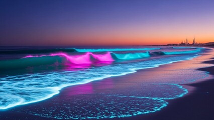 Luminous waves with vibrant neon light hues wash onto the serene shore under a twilight sky near a silhouetted cityscape at dusk, creating a magical, dreamy seascape