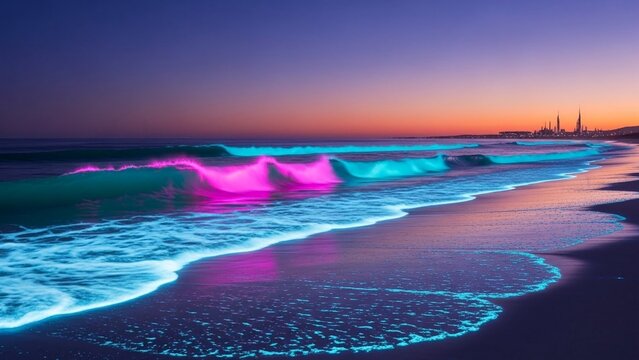 Luminous waves with vibrant neon light hues wash onto the serene shore under a twilight sky near a silhouetted cityscape at dusk, creating a magical, dreamy seascape - Powered by Adobe