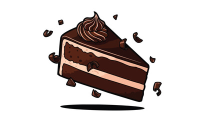 Decadent chocolate dessert slice with elegant frosting swirl and dynamic scattered shavings offering a delightful confectionery treat for any sweet