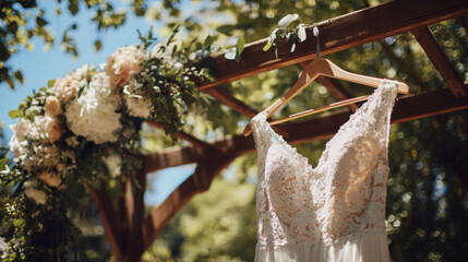 A bridal gown hanging from a wooden hanger beneath a wedding ceremony arch outdoors on a bright sunny day, capturing a romantic and elegant wedding moment.