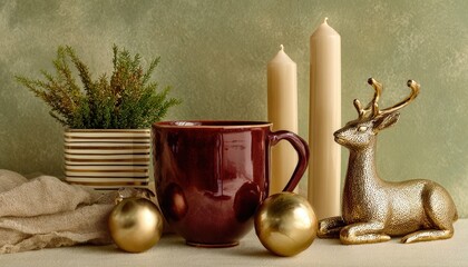 Seasonal still life arrangement featuring candles, a mug, and metallic decorations creates a warm ambiance