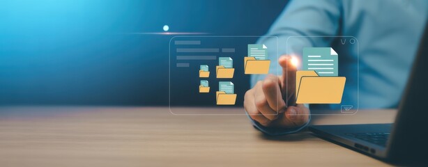 Digital Information Management: A hand interacts with digital folders, symbolizing data organization and information access, against a tech-inspired backdrop.