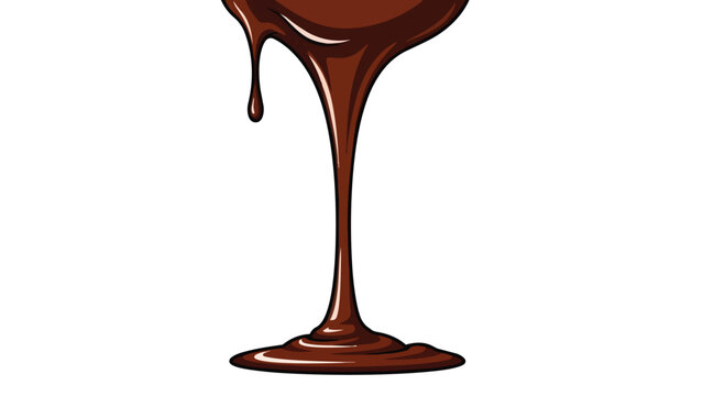 Velvety rich brown confection cascading gracefully, forming a delightful puddle below, a single lustrous drop suspended, an enticing sweet delight
