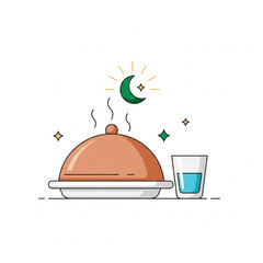 A cartoon illustration of a hot meal under a cloche with a glass of water, set against a crescent moon and stars, symbolizing a night meal or religious fasting break.