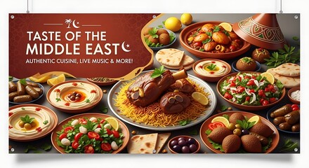 A vibrant food banner showcases an array of Middle Eastern dishes, appetizers, and main courses, arranged on a table
