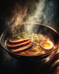 Steaming Japanese ramen bowl with pork chashu and soft boiled egg in dramatic restaurant lighting