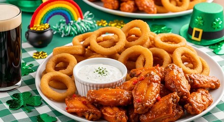 A vibrant food spread featuring crispy onion rings, saucy chicken wings, and a creamy dip, staged with St. Patrick's Day decorations