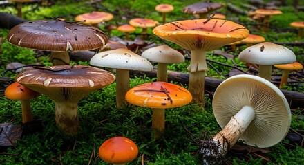 A vibrant forest floor scene showcasing numerous mushrooms in various sizes and colors, growing amidst verdant moss and fallen foliage
