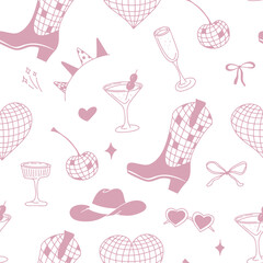 Whimsical cowgirl seamless pattern with smiley faces and hats