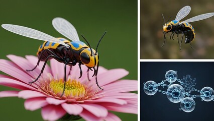 Detailed shot of colorful insect on pink flower with interconnected digital molecule structures a futuristic insect concept, biotechnology and genetic engineering