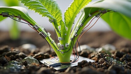Plant integrated with sensors and electronics for precision agriculture, displaying leaves and complex wiring in a futuristic, technology driven farming approach