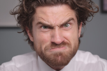 Fototapeta premium Frustrated young adult man with curly hair expressing anger in close-up view