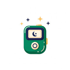 A green digital tasbih counter with a crescent moon and star on its screen, surrounded by sparkling stars, used for Islamic prayer and remembrance.