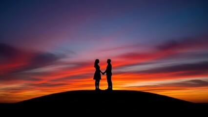 Obraz premium Silhouette of couple holding hands against vibrant sunset sky