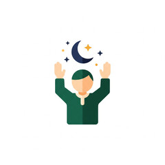 A flat design illustration of a person with raised hands, a crescent moon, and stars, symbolizing prayer or spiritual reflection.
