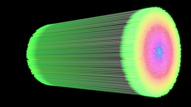360 spinning digital network core, Thick glass cables transmitting vivid neon light,  High tech infrastructure concept created by procedural geometric 3D modeling..