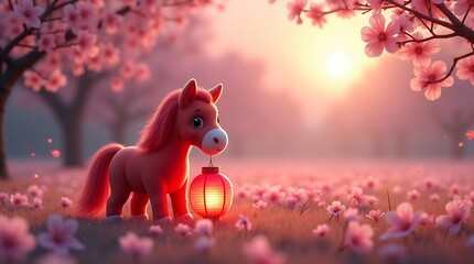 Ethereal Blossom Night: A cinematic and soft-focus illustration of a cute horse interacting with a radiant red lantern.