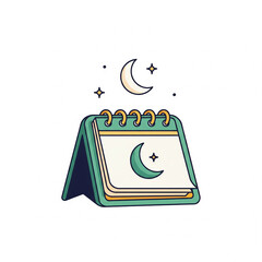 A cute cartoon illustration of a desk calendar with a crescent moon and stars, symbolizing night, Ramadan, or a lunar calendar.