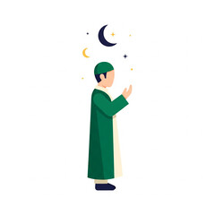 A Muslim man in traditional green attire praying under a crescent moon and stars, symbolizing spirituality and devotion.