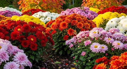 A vibrant garden bed displays a variety of colorful blossoms during the autumn season. The flowers are in full bloom, showcasing their brilliant colors