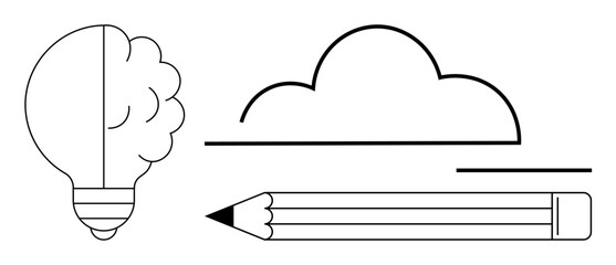 Creative thinking, brainstorming, innovation, artistic expression, problem-solving, minimalism. Line art of a lightbulb, cloud and pencil creativity and innovation. Creative thinking