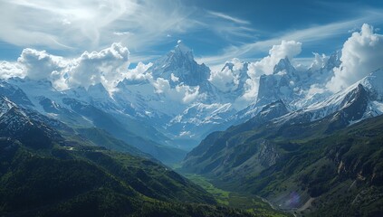 Obraz premium Majestic Snow-Capped Mountain Range Overlooking a Lush Green Alpine Valley under a Dramatic Sky