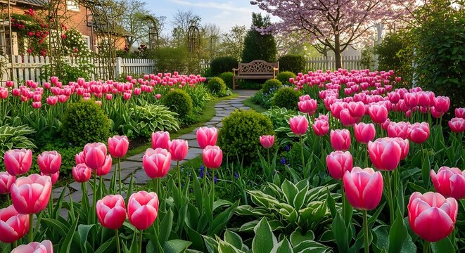 A vibrant garden path leads to a wooden bench, flanked by masses of pink tulips in full bloom. Soft light bathes the scene - Powered by Adobe