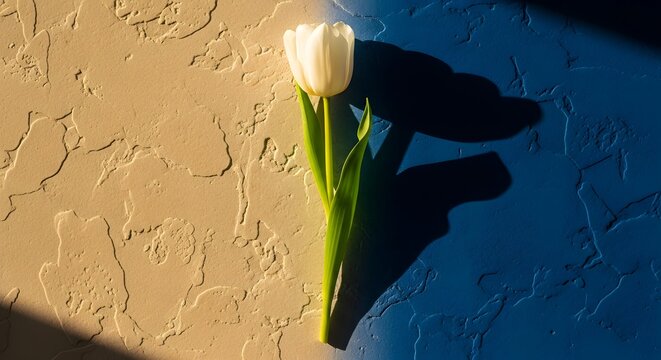 White tulip standing vibrantly against a textured beige and blue wall for spring equinox balance and duality concept with contrasting light and shadow