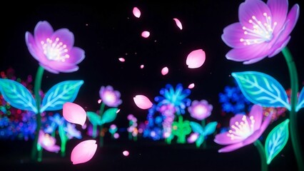 Dreamy garden with blooming neon cherry blossoms glowing against a dark backdrop, with delicate petals gently floating down like a serene and whimsical fantasy