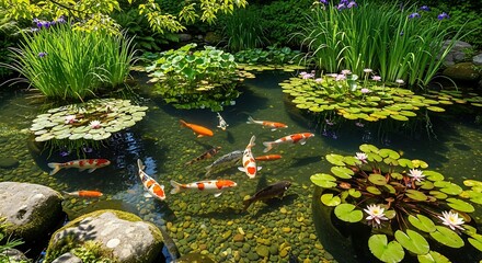 A vibrant garden pond, showcasing koi fish, lily pads, and lush aquatic plants under bright daylight