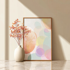 Abstract Pastel Art Poster Mockup with Vase and Floral Decor
