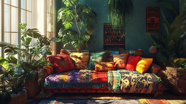 Bohemian living room with colorful patterned sofa and plants Photo