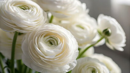 Obraz premium White ranunculus flowers with soft focus create serene and elegant atmosphere