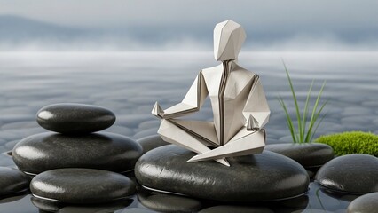 Tranquil geometric origami figure meditates peacefully on smooth black stones by calm waters, symbolizing balance, mindfulness, and zen in a peaceful, minimalistic outdoor setting