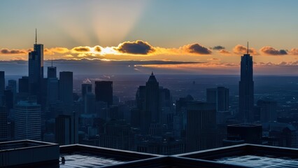 Sunset over chicago skyline with vibrant clouds and tall skyscrapers silhouetted against evening sky