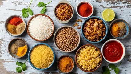 Overhead shot displays vibrant array of ingredients like spices, rice, lentils, fried onion, and pasta, arranged in bowls on weathered white wooden surface, providing rich