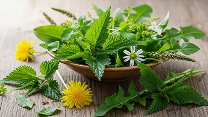 Rustic bowl brimming with freshly picked wild herbs and flowers, including nettle, dandelions, chamomile, on rustic weathered wooden table, showcasing natural remedies